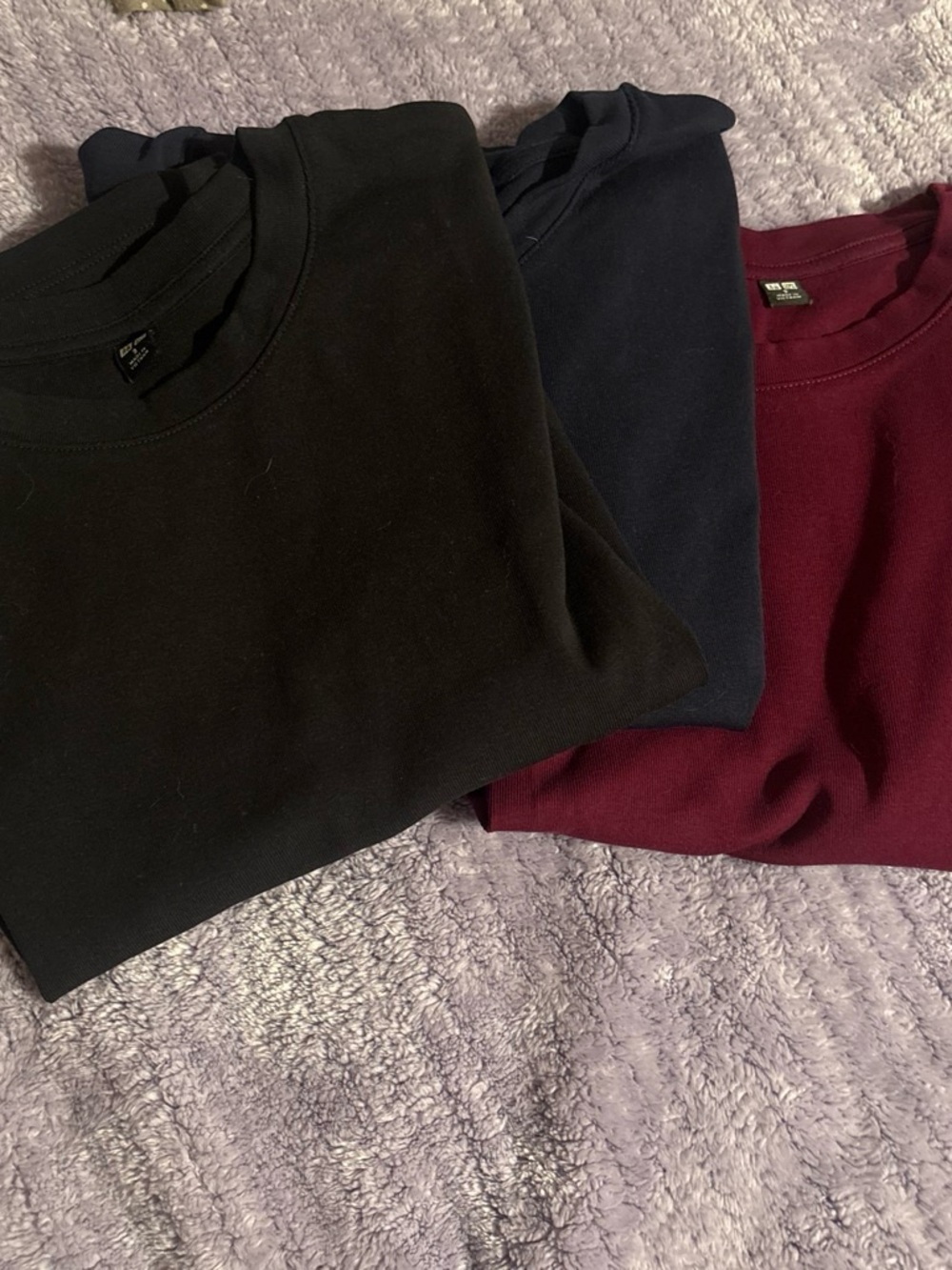 Uniqlo Short Sleeve Tees - Black, Navy, and purple/burgundy mix.